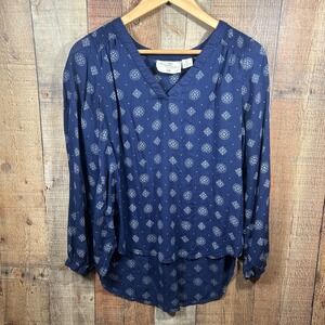 H&M L.O.G.G Blue Boho Peasant Blouse Size 8 Viscose Flowy Top Medallion Navy